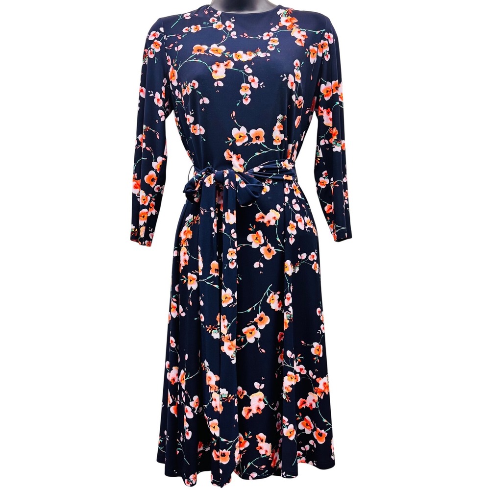 Lauren Ralph Lauren Navy Floral Cherry Blossom Midi Dress Long Sleeve Size 6